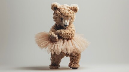 A beautiful bear wearing a bear costume and tutu, ballet dancing on a white background