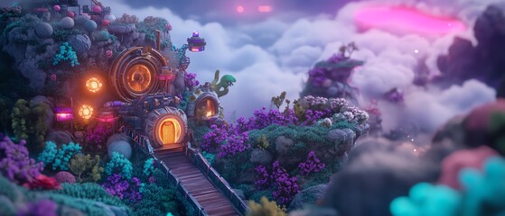 Enchanted fantasy village nestled in a magical cloud landscape.  Vibrant colors, whimsical architecture, and glowing lights create a dreamlike scene.