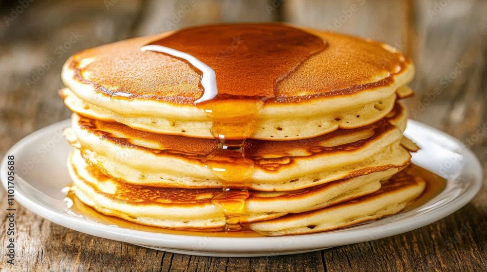 Poster stack of fluffy pancakes topped with golden maple syrup on a rustic wooden background perfect for br