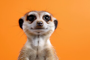 Fototapeta premium A captivating close-up of a meerkat's face and upper body, set against a vibrant orange background.