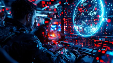 Futuristic control center with scientists analyzing a holographic Earth displaying red alerts, under dramatic cold blue lighting