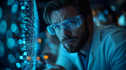 Scientists Analyzing Holographic Data Projections in Modern Conference Room