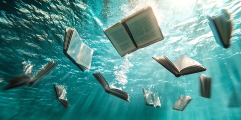 Submerged books float in turquoise water, sunlit from above.  A captivating image of forgotten knowledge or lost stories.