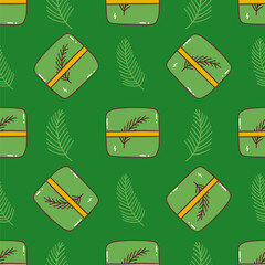 Seamless Christmas pattern with cute festive green gift box with spruce twig. Merry Christmas and Happy New Year. Colorful vector illustration hand drawn doodle. Holiday present print