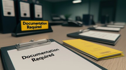 A workspace scene featuring multiple clipboards with "Documentation Required" notices, highlighting an organized office setting focused on paperwork.