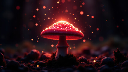 Glowing red mushroom with spores on ground in forest at night.
