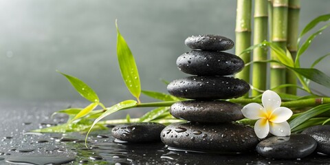 Serene Glossy Background Zen Stones Bamboo Plants Tranquility Spa Wellness Retreats Copy Space