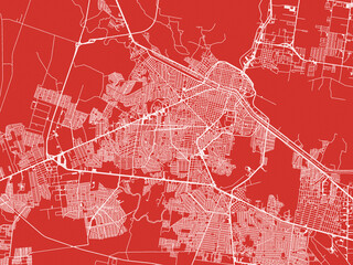 Christmas Map of Reynosa, Mexico in Snowy White on Festive Red Background.