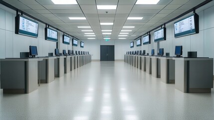 A modern, minimalist room filled with computers and screens, designed for data processing or monitoring, featuring a clean and organized layout.