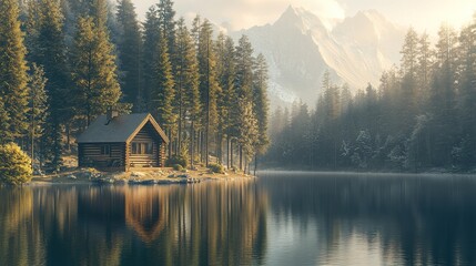 Fototapeta premium â€¢ Peaceful lakeside cabin surrounded by dense evergreen trees in winter, copy space, High quality, + --ar 16:9 --v 6.1 Job ID: b439c421-85d6-49dd-9c8d-c3bce4608f07