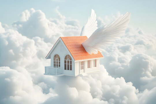A whimsical house with wings floating above fluffy clouds, symbolizing freedom and dreams.
