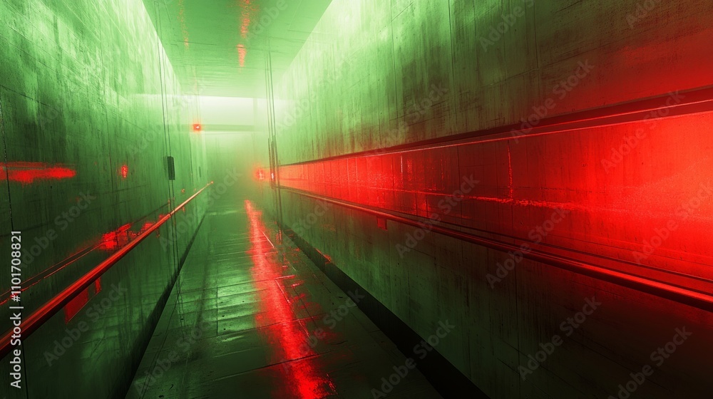 Poster a futuristic corridor illuminated with green and red lights, creating a surreal atmosphere.