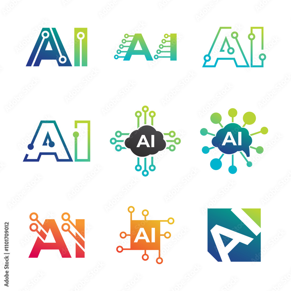 Poster set of artificial intelligence ai processor chip icon.
