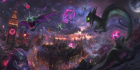 Whimsical perspective of a bustling cityscape, mythical creatures exploring rooftops, innovative neon lighting creating surreal vibes, dreamlike atmosphere