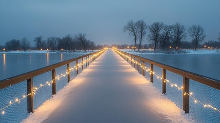 Naklejka premium Serene Winter Pathway Illuminated by Lights Leading into a Snowy Landscape at Dusk Under a Calm Blue Sky
