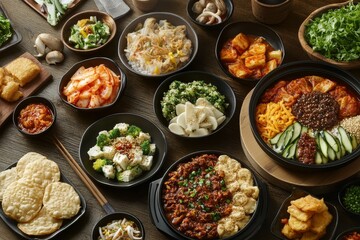 Fototapeta premium Asian food feast: diverse dishes, vibrant colors.