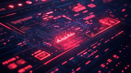 A futuristic digital interface with red glowing elements and data visualizations.