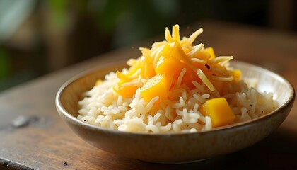 Mango sticky rice drizzled with coconut syrup