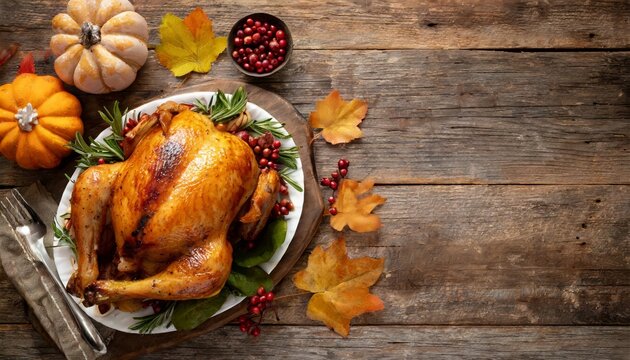 A beautifully styled top-down view of a Thanksgiving turkey on a rustic wooden table, surrounded by festive decorations and garnishes, with ample copy space for seasonal designs or text
