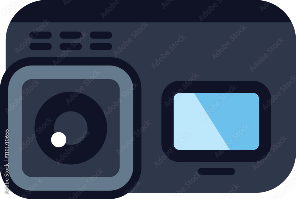 Poster digital action camera showing the lens and the screen on a white background