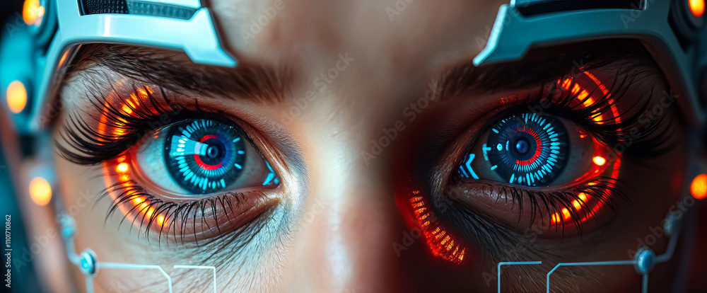 Poster close-up of glowing cybernetic eye futuristic technology artificial intelligence digital innovation sci-fi robotic concept high-tech vision enhancement