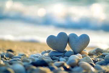 Fototapeta premium Heart shaped stones balancing on pebbles on a beach with gentle ocean waves and a stunning sunset in the background