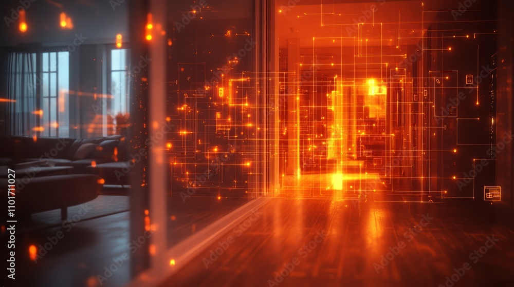 Poster a futuristic hallway illuminated with glowing digital patterns and warm lighting.