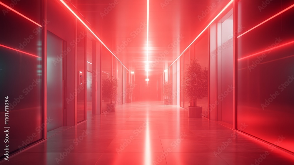 Poster a futuristic hallway illuminated by red lights, creating a moody and surreal atmosphere.