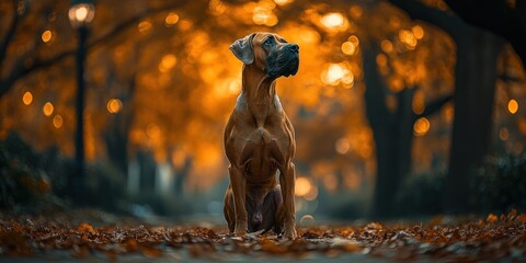 Majestic Rhodesian Ridgeback dog sits in autumn park, bathed in warm sunset light.
