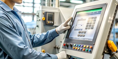 Close Up Technicians Hand Calibrating Touchscreen Control Panel in Digital Transformation Manufacturing Photo