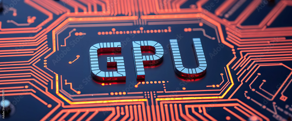 Poster gpu label on red circuit board design technology graphics processing unit futuristic semiconductor electronics digital computing hardware