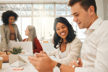 Business, people and meeting with tablet in office of planning schedule, writing ideas and property design. Staff, architect and digital report for information, renovation budget and building project