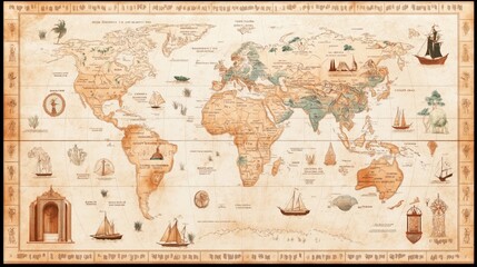 Naklejka premium Antique-style world map illustration with decorative elements, ships, and mythical creatures alongside vintage geographic representations and artistic flourishes.