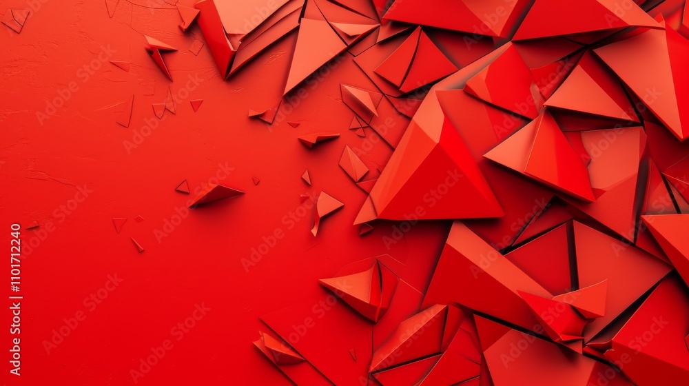 Poster an abstract arrangement of red geometric fragments scattered across a textured surface. the sharp, a