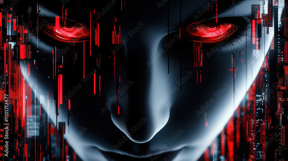 Poster digital artwork depicting a futuristic figure with glowing red eyes surrounded by abstract data stre