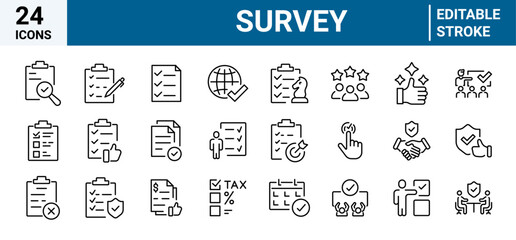 Survey web line icons. Containing feedback, opinion, questionnaire, poll, research, data collection, review, satisfaction, task, survey, list, clipboard, and more