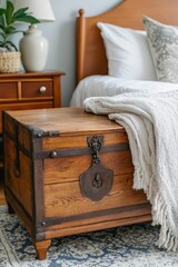 Wooden chest, white blanket, bedroom setting.