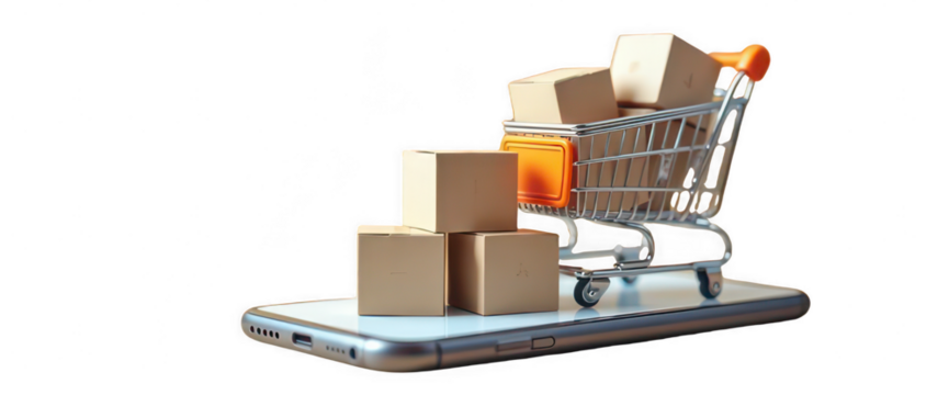 Online shopping concept, a cart full of boxes on a smartphone, on a transparent background.
