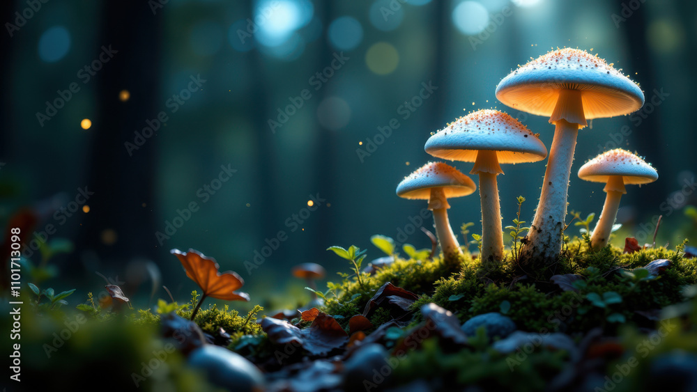 Poster mushroom with a glowing top in a forest setting.