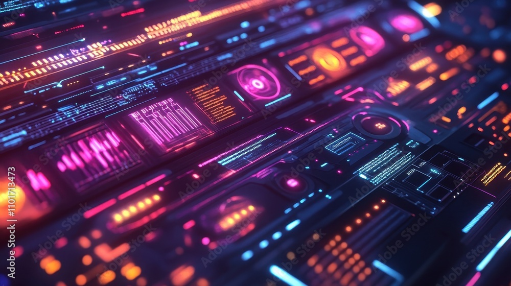 Poster a vibrant digital interface with glowing data visualizations and futuristic elements.