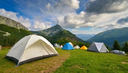 Experience the Tranquility of Mountain Adventures: Picturesque Tourist Camp with a Tent in the Foreground, Surrounded by Majestic Peaks and Lush Greenery, Perfect for Nature Enthusiasts and