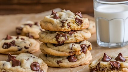 Gooey chocolate chip cookies stacked high with melting chocolate chunks, served on parchment paper with glass of milk