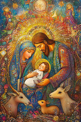 Icon of the Nativity of Christ, celestial background, Mary, Joseph, and baby Jesus surrounded by animals, radiant golden light