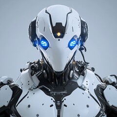 Fototapeta premium Futuristic humanoid robot with sleek design and glowing blue core stands against a neutral background