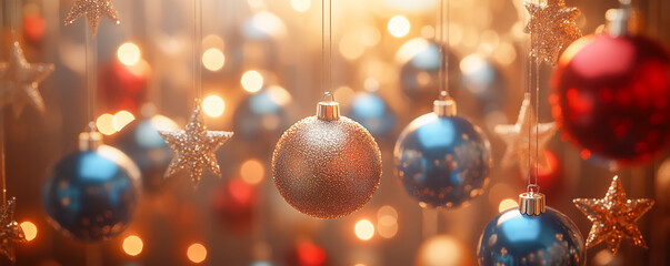 Obraz premium Beautiful simple Christmas background with sparkling lights and golden balls and stars. Card, banner and poster concept.