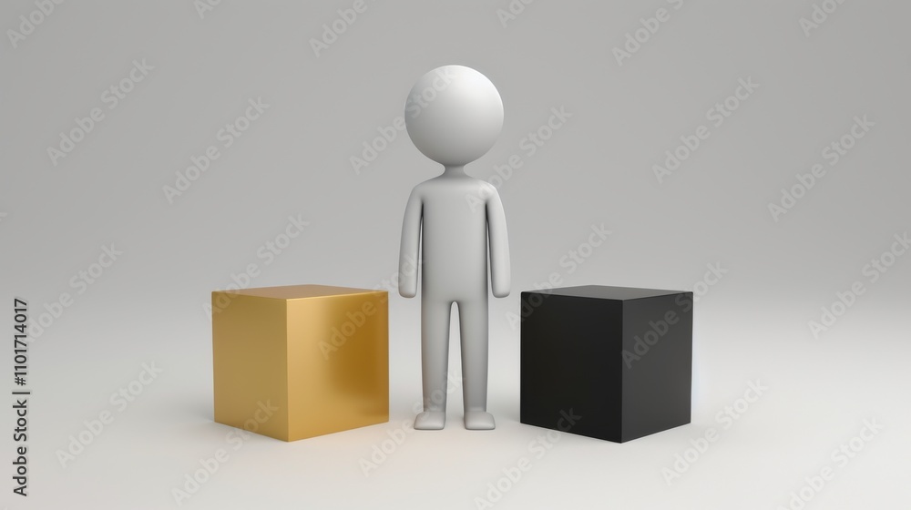 Poster a minimalist figure stands centered between a black and a gold cube in a neutral space. the design's