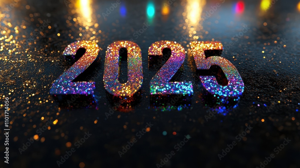 Poster shimmering and colorful glitter numbers representing the year 2025 against a dark background with re