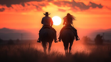 Fototapeta premium Romantic horseback couple galloping across the Wild West plains at sunset, framed by a glowing orange sky