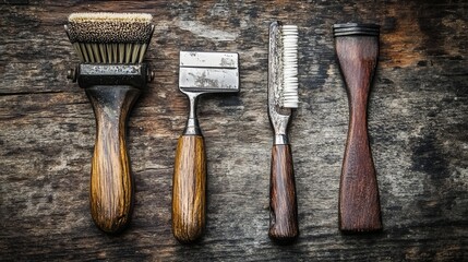 Antique barber tools on rustic background captured from a top-down angle. The centerpiece is a dangerous straight razor paired with a manual shaving brush, both weathered with time. 