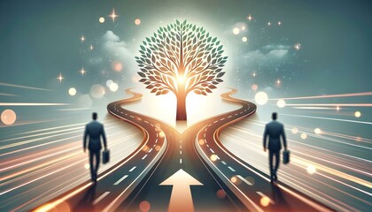 Flat Abstract Road Bokeh Leading to Glowing Tree Symbolizing Growth in ESG Negotiations